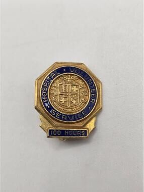 Vintage Hospital Volunteer Service Award 100 Hours Pinback Lapel Pin Gold Tone